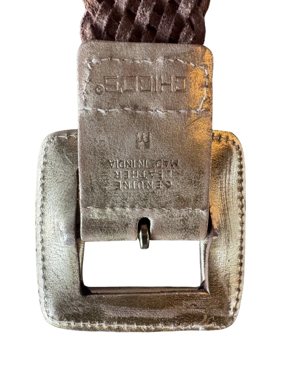 Chico’s Gold Metallic Woven Braided Leather Statement Belt with Square Buckle M